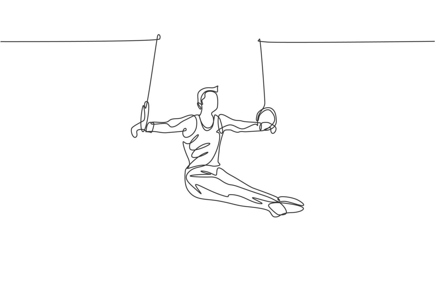 One single line drawing of young handsome gymnast man exercising steady rings vector illustration graphic. Healthy lifestyle and athletic sport concept. Modern continuous line draw design