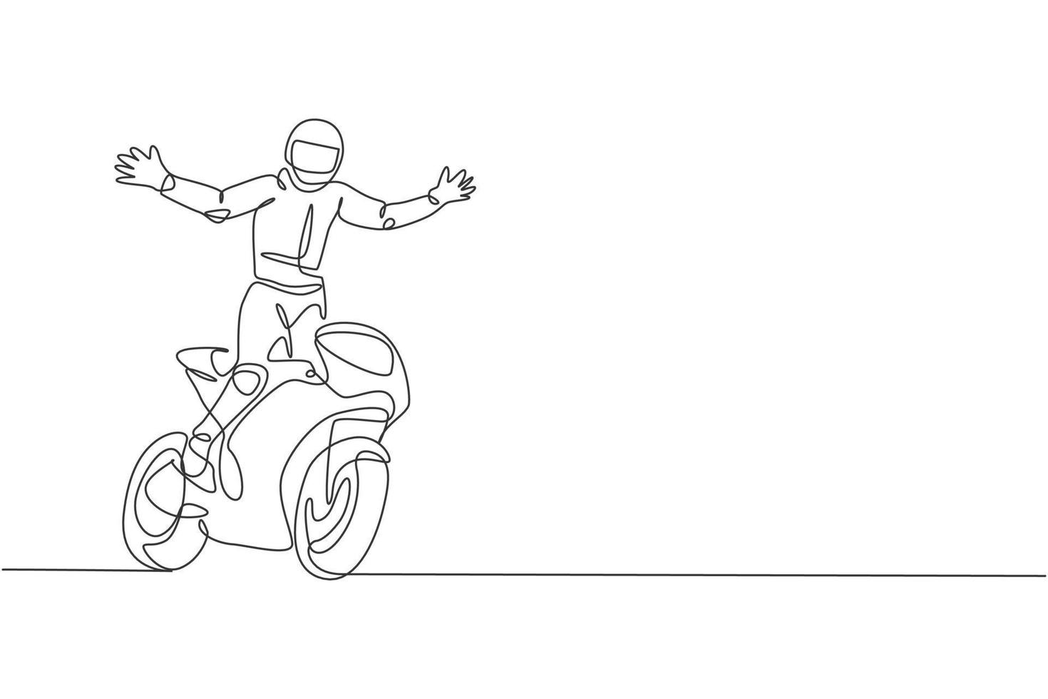 One single line drawing of young moto biker open up his hands to celebrate his winning vector illustration. Superbike racing concept. Modern continuous line draw design for motor racer event banner