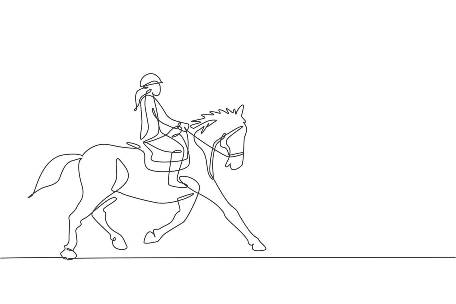 One continuous line drawing of young horse rider woman in action. Equine run training at racing track. Equestrian sport competition concept. Dynamic single line draw design graphic vector illustration