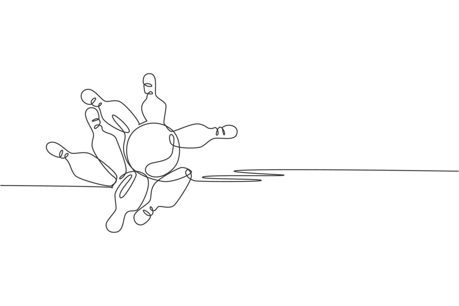 One single line drawing of bowling ball thrown to bowling pins until falling apart vector graphic illustration. Leisure activity and recreational game sport concept. Modern continuous line draw design