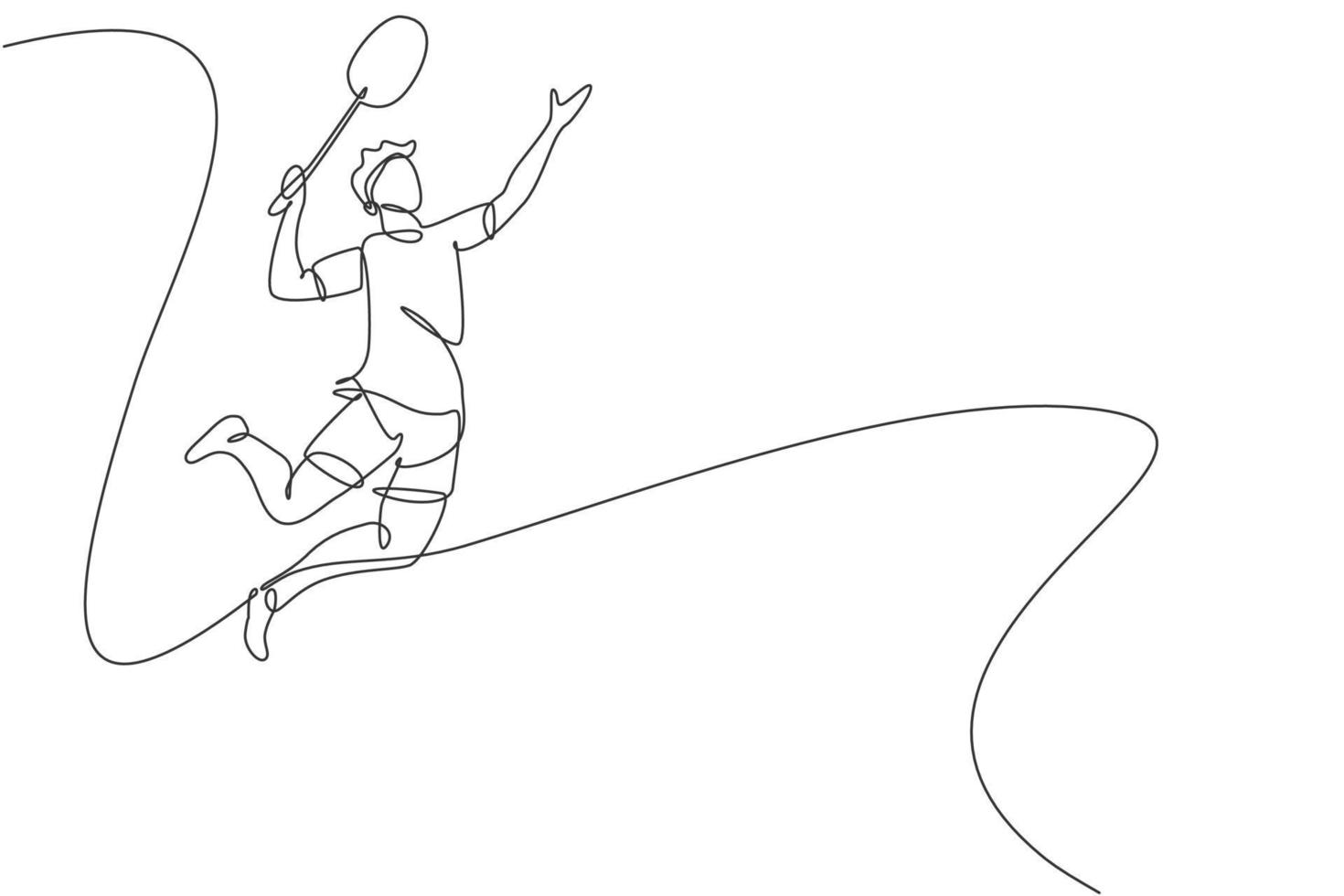 Single continuous line drawing of young agile badminton player jump and smash the ball. Sport exercise concept. Trendy one line draw design vector illustration for badminton tournament publication