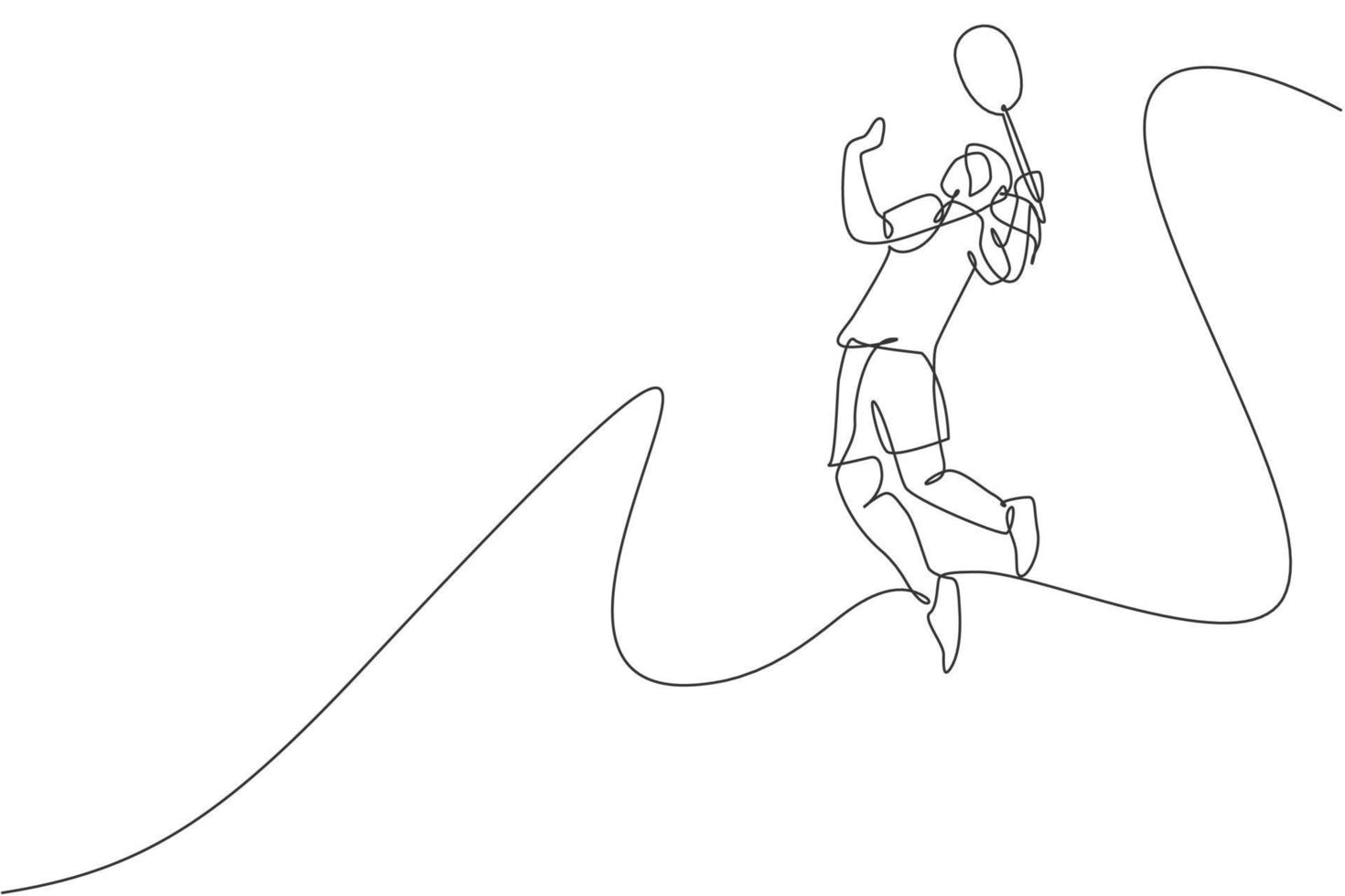 One single line drawing of young energetic badminton player jumping and smash shuttlecock vector illustration. Healthy sport concept. Modern continuous line draw design for badminton tournament poster