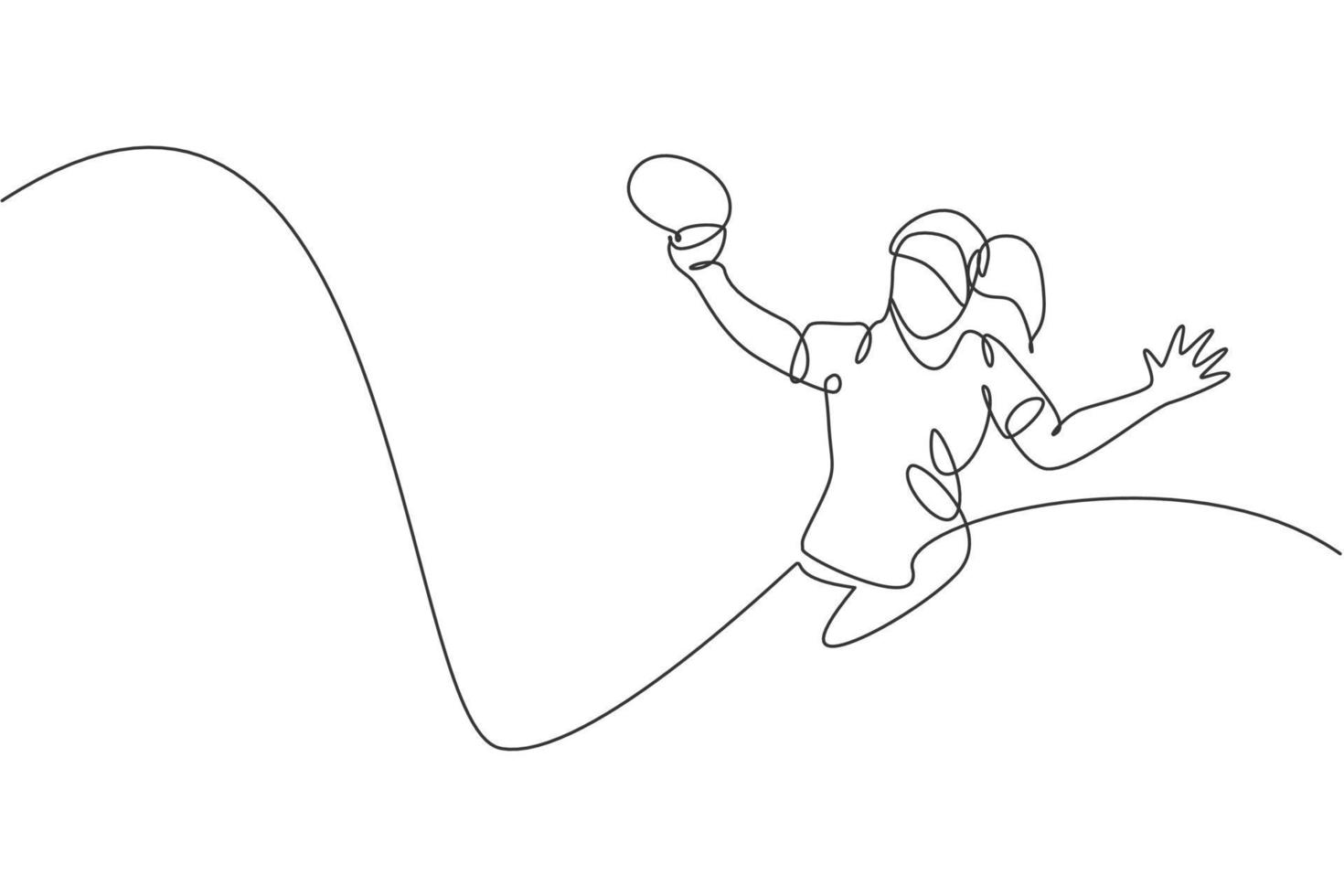 One single line drawing of young energetic woman table tennis player defense from rival vector illustration. Sport training concept. Modern continuous line draw design for ping pong tournament banner