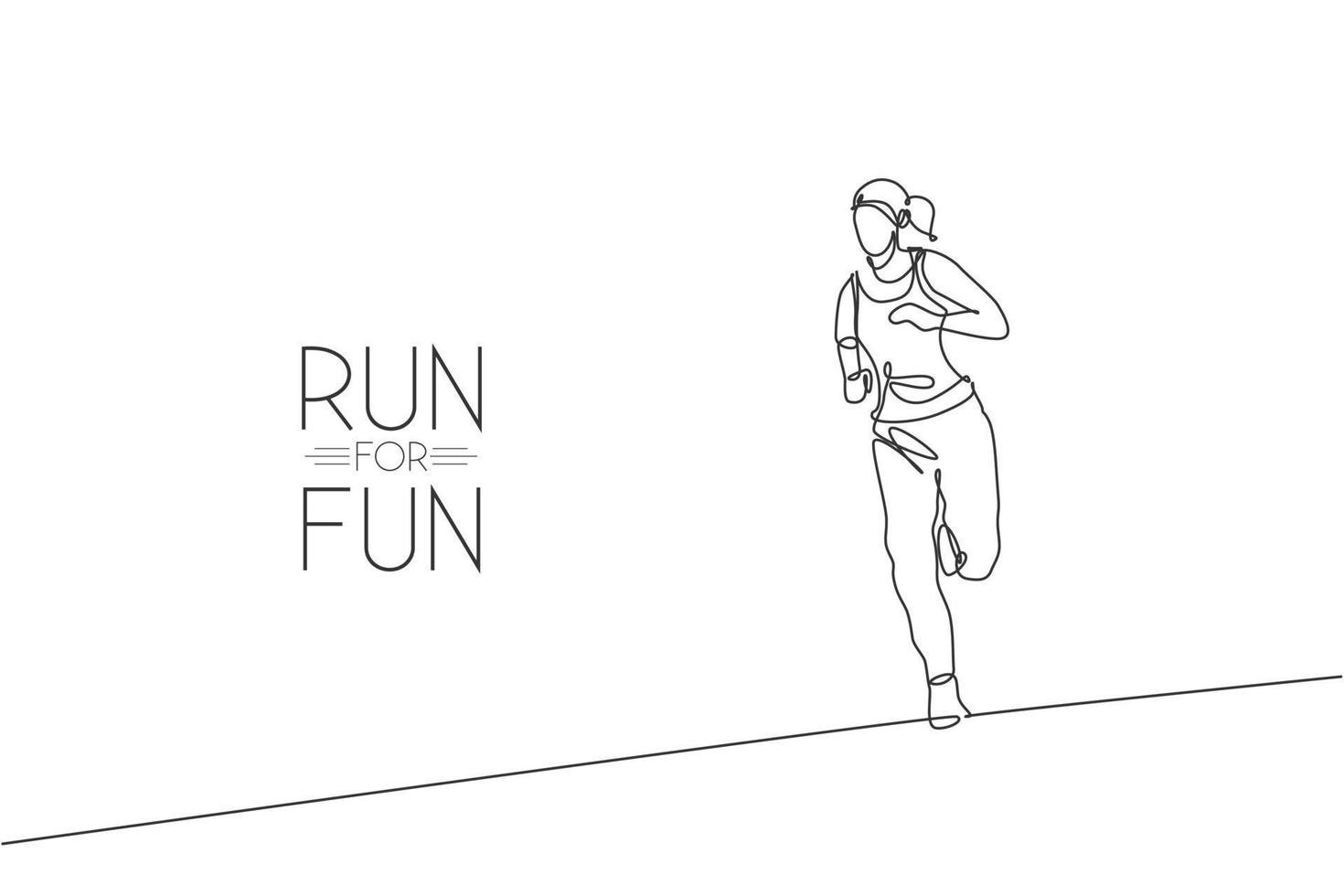 One single line drawing of young energetic woman runner run relax and focus vector illustration graphic. Healthy sport training concept. Modern continuous line draw design for running race banner