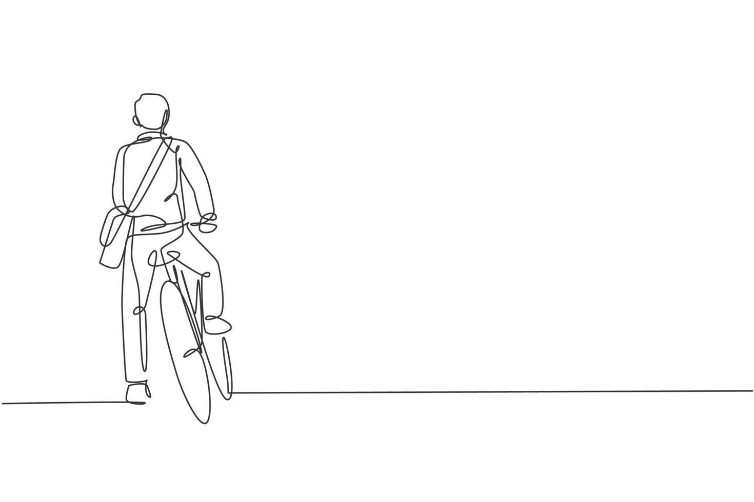 Single continuous line drawing of young professional manager man riding bicycle to the office, rear view. Bike to work, eco friendly transport concept. Trendy one line draw design vector illustration
