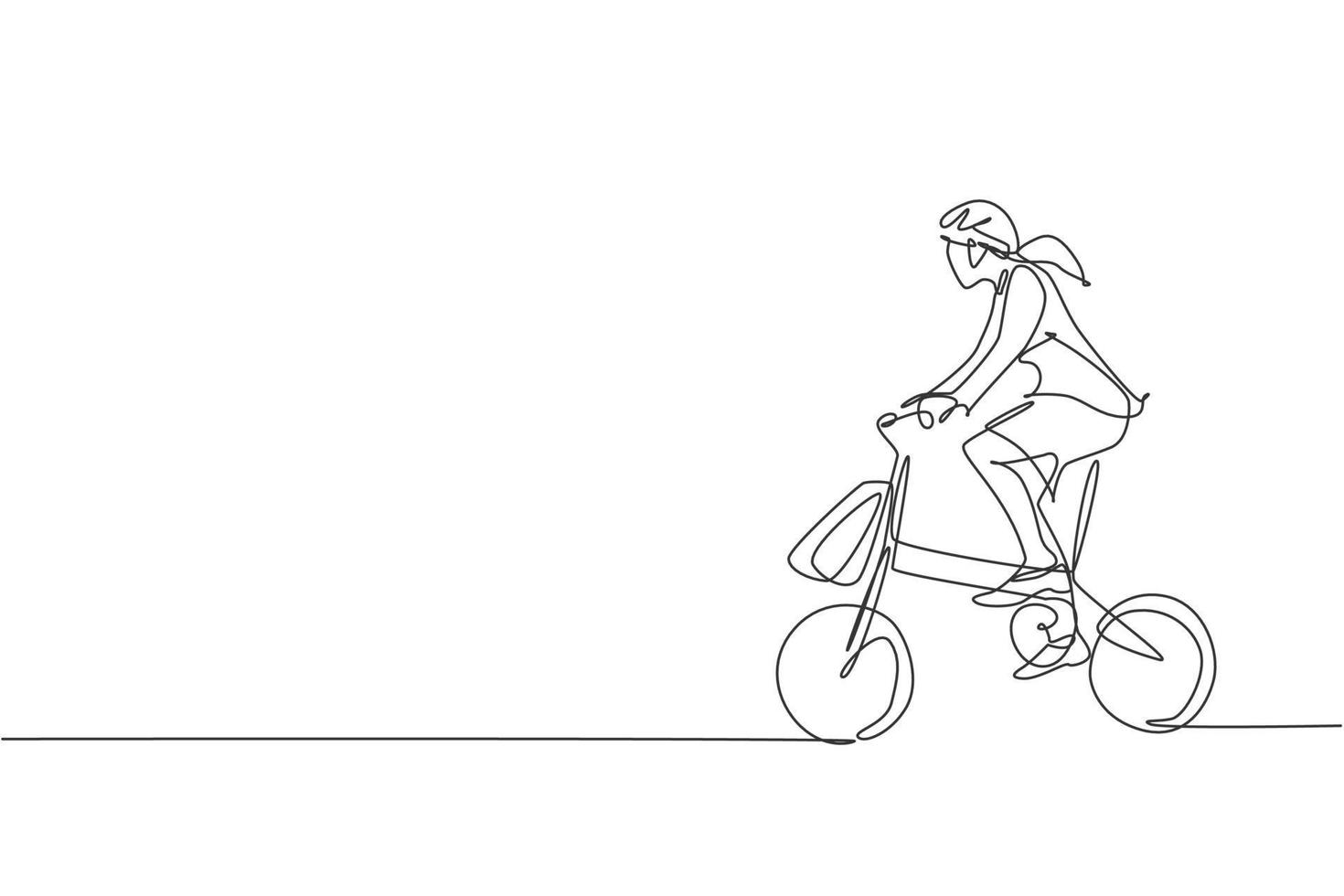 One continuous line drawing of young professional manager woman cycling ride folded bicycle to her office. Healthy working urban lifestyle concept. Dynamic single line draw design vector illustration