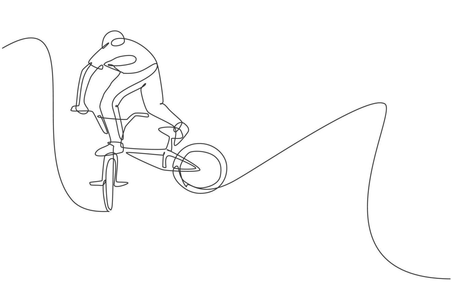 Single continuous line drawing of young BMX cycle rider show flying into the air trick in skatepark. BMX freestyle concept. One line draw design vector illustration for freestyle promotion art media