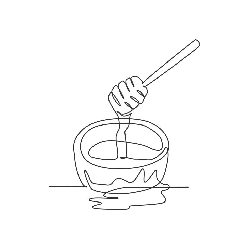 One continuous line drawing of fresh delicious sweet honey on wooden bowl with dipper drip. Natural organic food template concept. Modern single line draw design healthy supplement vector illustration