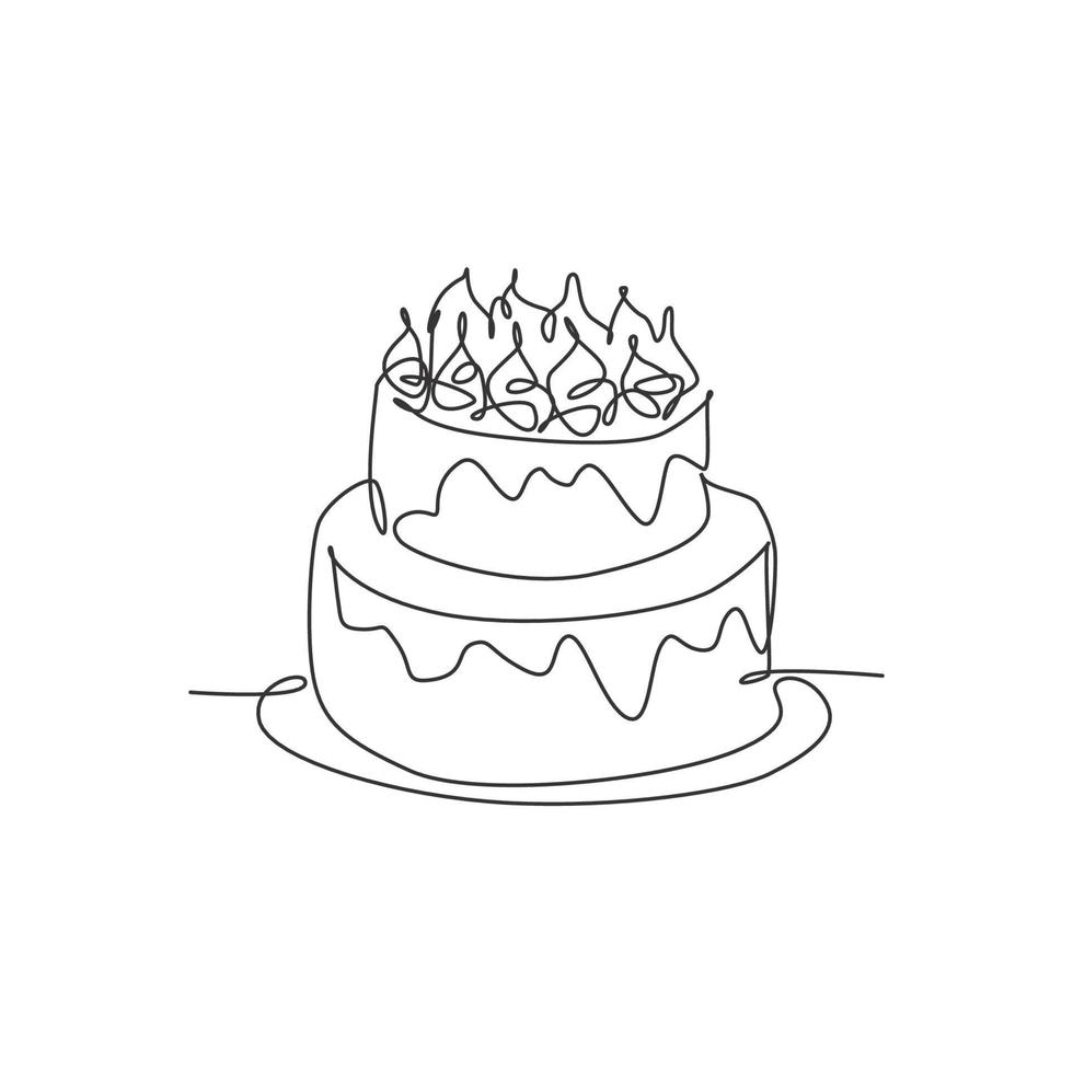 One single line drawing of fresh delicious home made birthday cake with candles above vector graphic illustration. Pastry confectionery badge concept. Modern continuous line draw design art