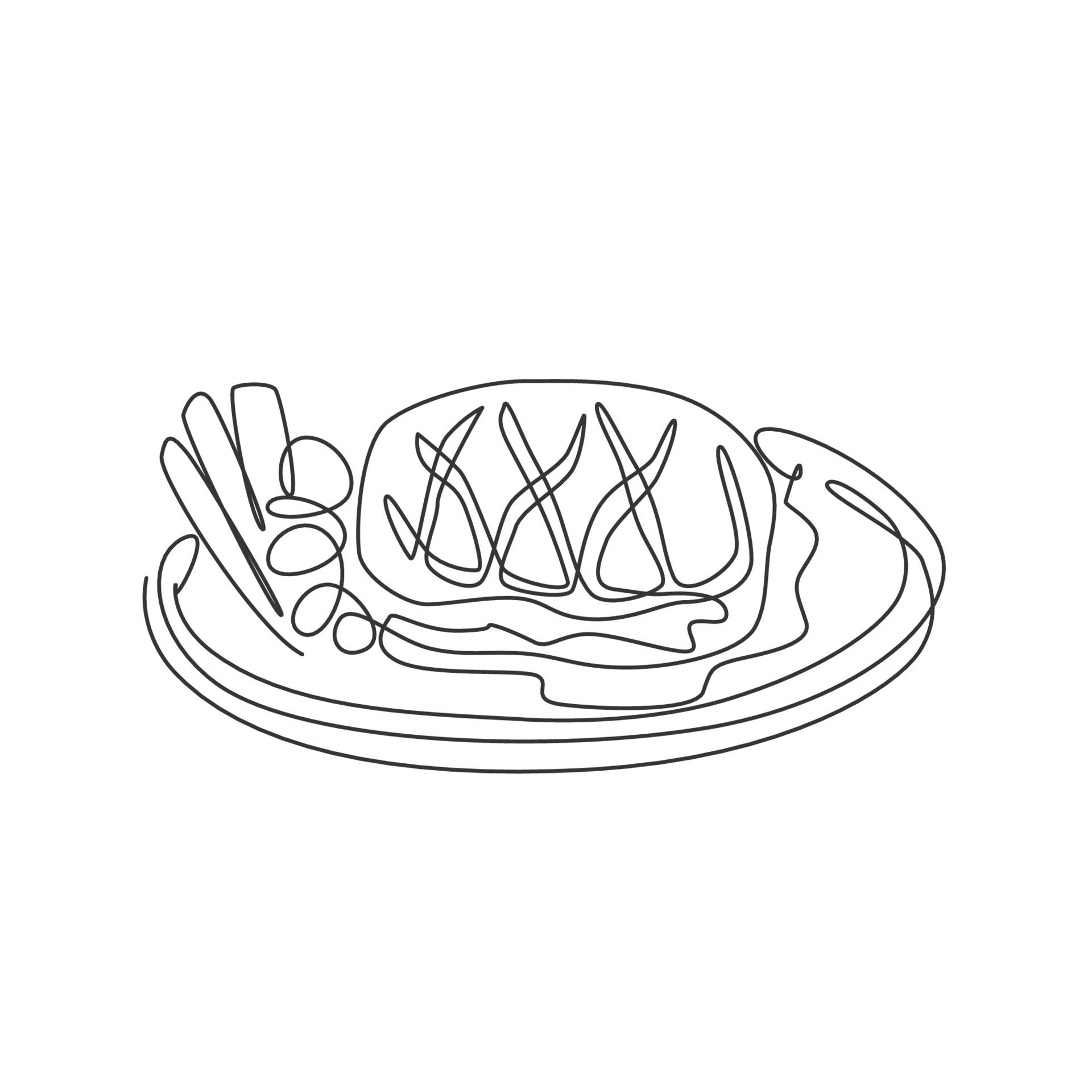 One continuous line drawing of fresh juicy delicious beef steak on hot
