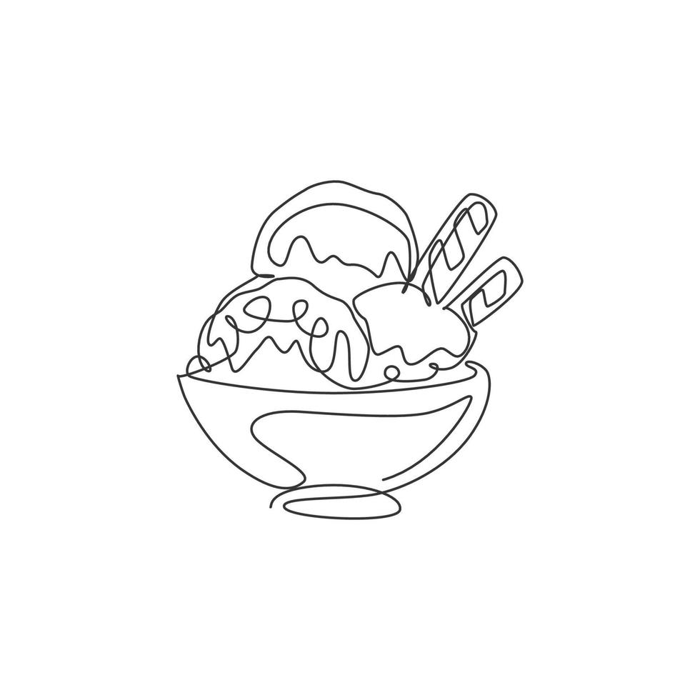 One single line drawing of fresh delicious ice cream cup with wafer stick and wafer roll vector illustration. Dessert menu restaurant concept. Modern continuous line draw design street food logotype