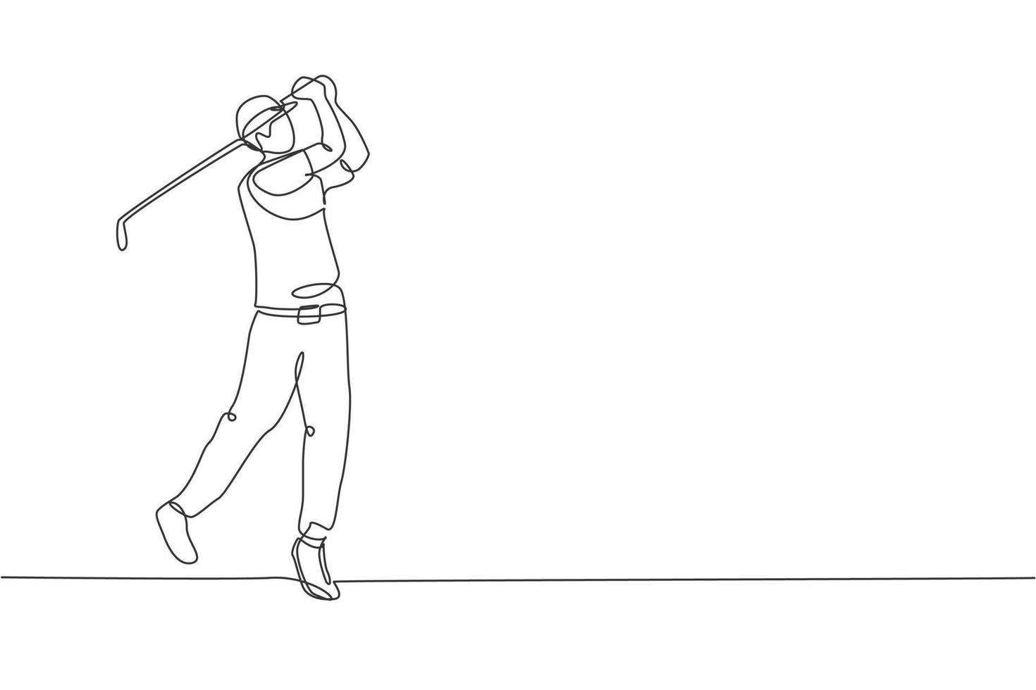 un dibujo de una sola línea de un joven jugador de golf deportivo golpeó la pelota usando la ilustración del vector gráfico del club de golf. concepto de deporte saludable. diseño moderno de dibujo de línea continua para póster de torneo de golf