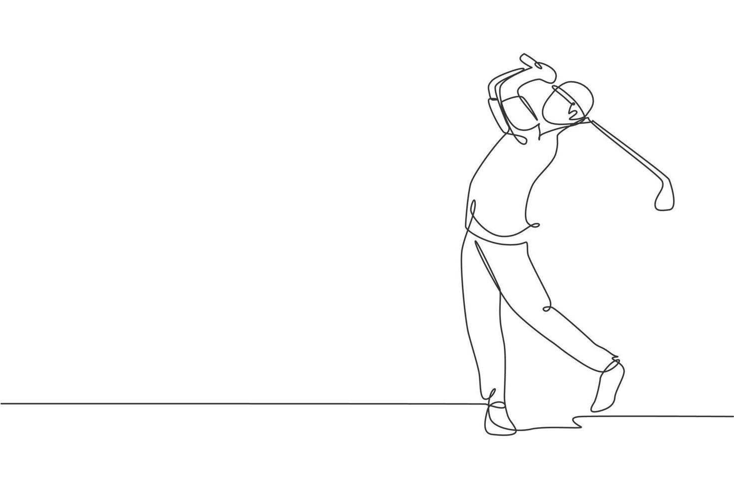 One single line drawing of young sporty golf player hit the ball using golf club graphic vector illustration. Healthy sport concept. Modern continuous line draw design for golf tournament poster