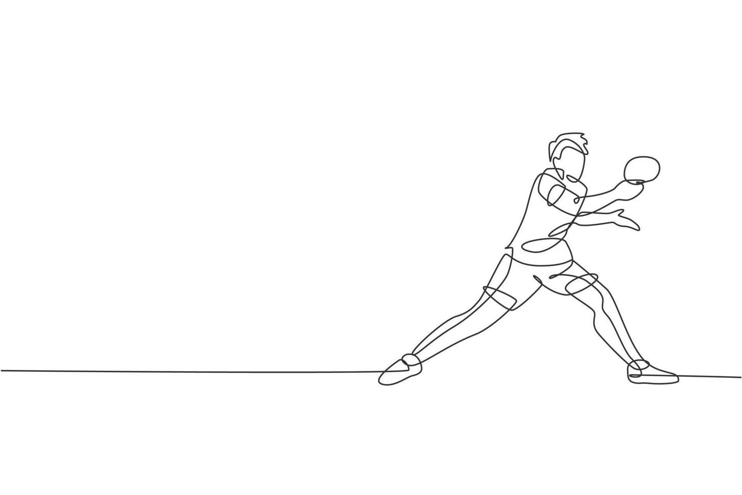 un dibujo de línea continua de un joven jugador deportivo de tenis de mesa sostiene la pelota del oponente. concepto de deporte competitivo. ilustración vectorial de diseño de dibujo de una sola línea para el cartel del campeonato de ping pong vector