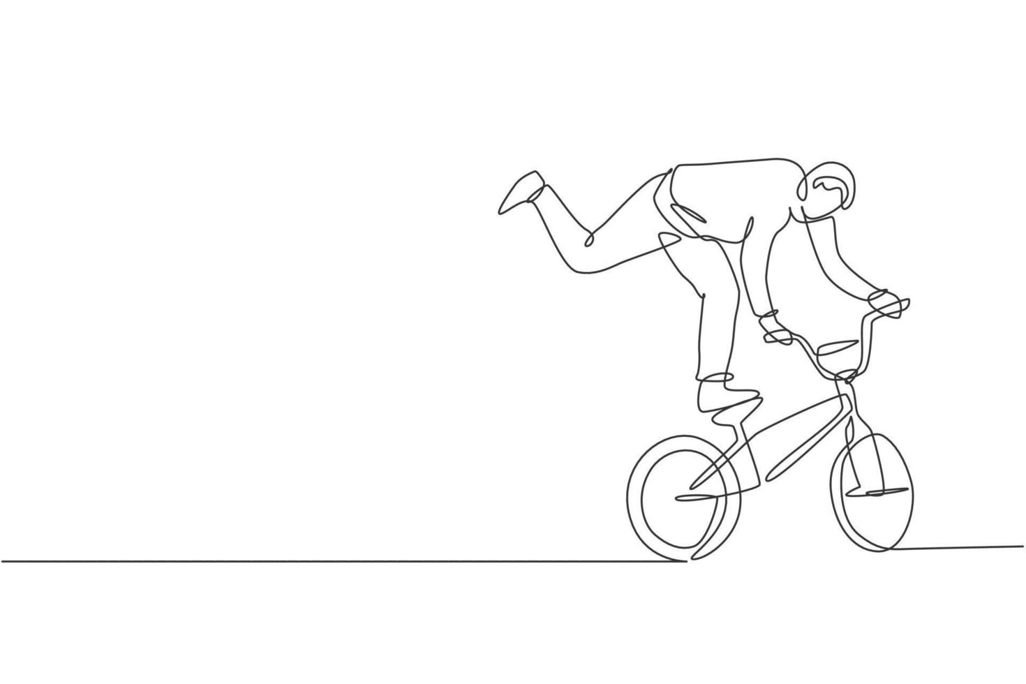 One single line drawing of young bmx bicycle rider performing freestyle trick on street vector illustration. Extreme sport concept. Modern continuous line draw design for freestyle competition banner