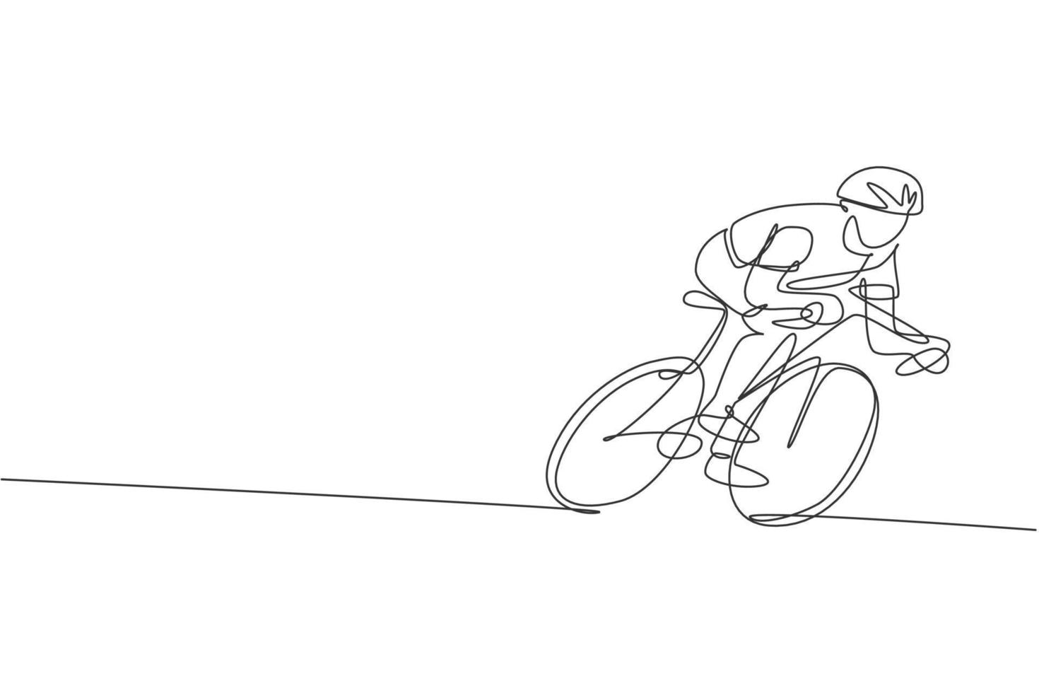 un dibujo de una sola línea joven enérgico corredor de bicicletas centrado en el entrenamiento de su ilustración gráfica vectorial de velocidad. concepto de ciclista de carreras. diseño moderno de dibujo de línea continua para banner de torneo de ciclismo vector