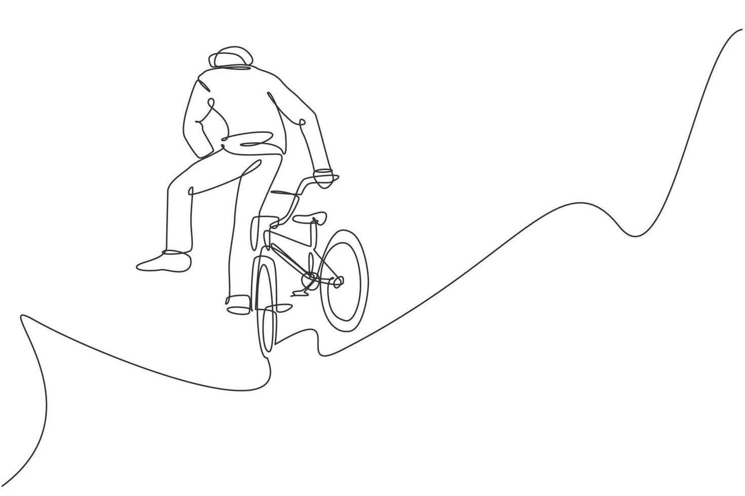 One continuous line drawing of young BMX bicycle rider performing jumping into the air trick at skatepark. Extreme sport concept vector illustration. Single line draw design for event promotion poster