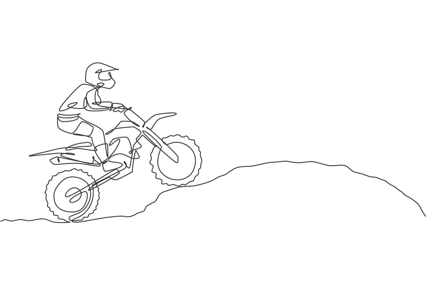 One continuous line drawing of young motocross rider climb mound of land at race track. Extreme sport concept. Dynamic single line draw design vector illustration for motocross competition poster