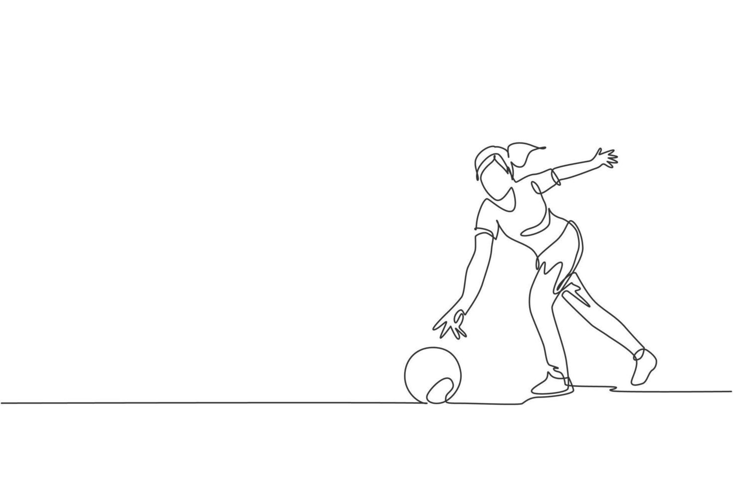 Single continuous line drawing young happy bowling player woman throw bowling ball to hit the pins. Doing sport hobby at leisure time concept. Trendy one line draw design graphic vector illustration