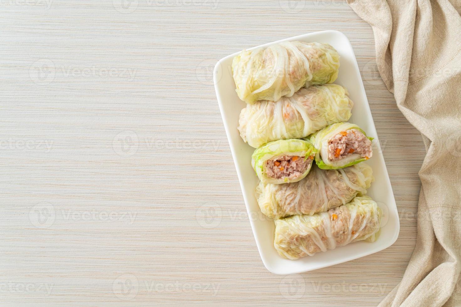 Minced Pork Wrapped in Chinese Cabbage or Steamed Cabbage Stuff Mince Pork photo