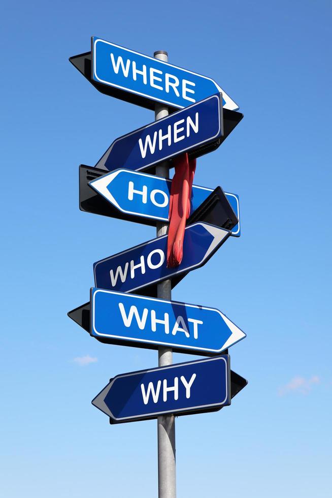 Road sign with question words isolated on blue sky background. What, Who, Why, How, When, Where. photo