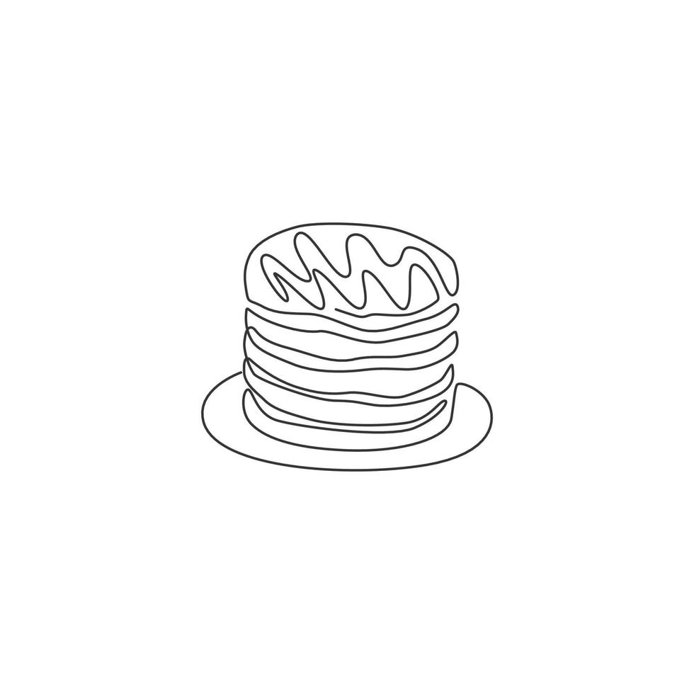 un dibujo de línea continua del emblema del logotipo del restaurante apilado de panqueques americanos frescos y deliciosos. concepto de plantilla de logotipo de tienda de café de comida de desayuno. ilustración de vector de diseño de dibujo de línea única moderna