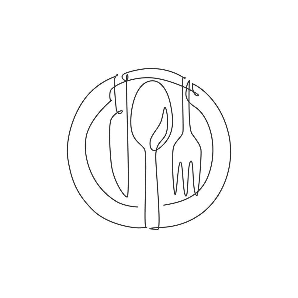One single line drawing of plate knife, fork and knife for restaurant logo vector illustration graphic. Luxury cafe badge concept. Modern continuous line draw design food store art logotype