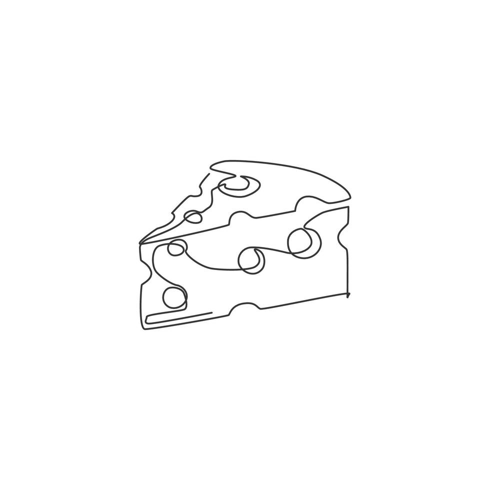 One continuous line drawing of fresh delicious Italian holed cheese shop logo emblem. Online dairy food store logotype template concept. Modern single line draw design graphic vector illustration