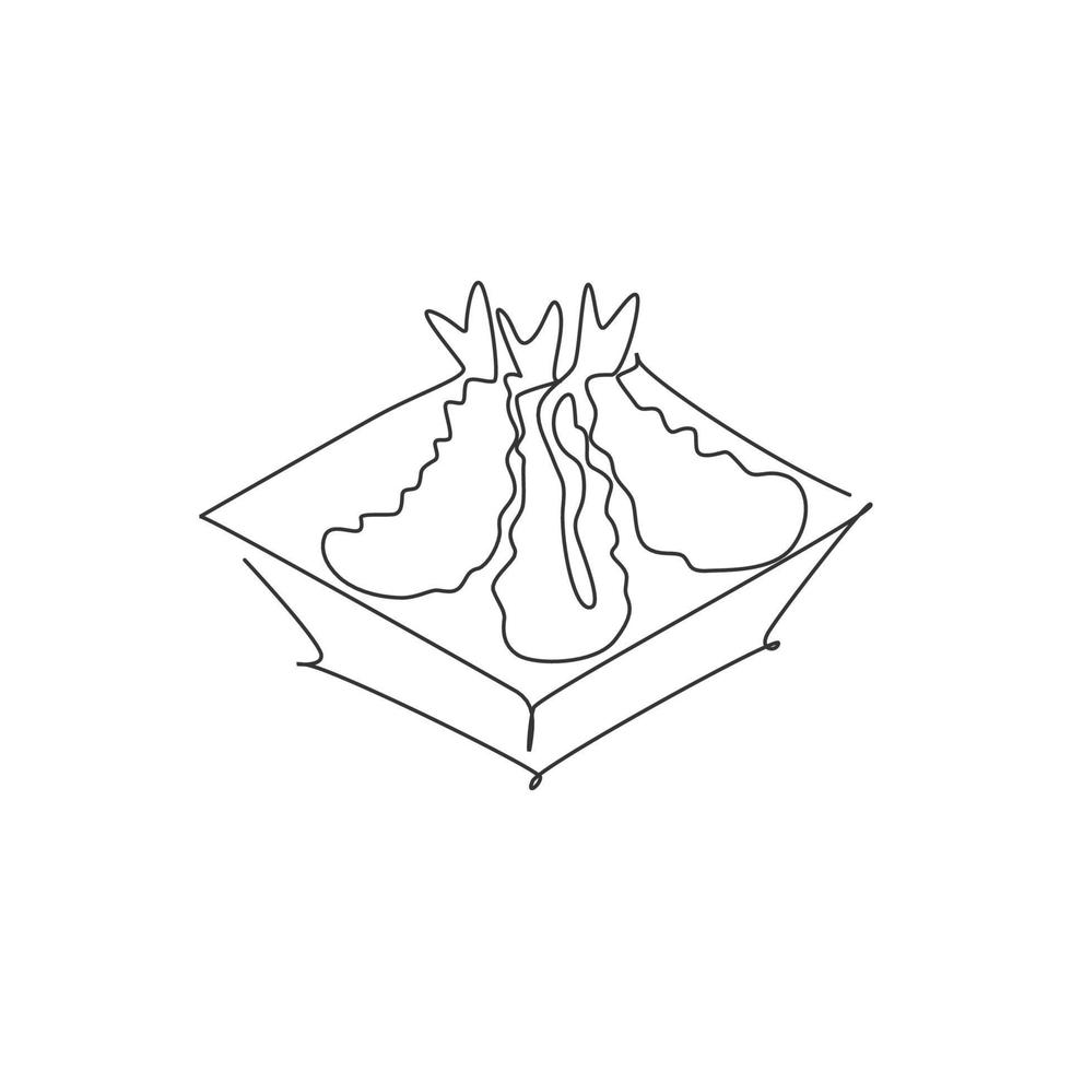 Single continuous line drawing of stylized Japanese prawn tempura logo label. Emblem seafood restaurant concept. Modern one line draw design vector illustration for cafe, shop or food delivery service