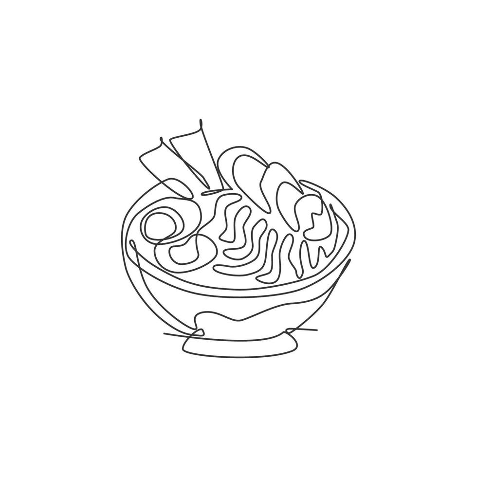 One single line drawing of fresh Japanese ramen logo graphic vector illustration. Fast food Japan noodle cafe menu and restaurant badge concept. Modern continuous line draw design street food logotype