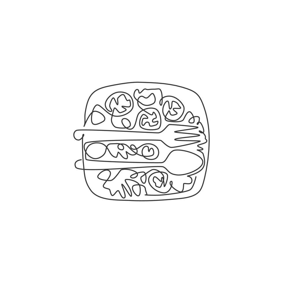 One continuous line drawing of fresh delicious salad restaurant logo emblem, from top view. Healthy organic food cafe shop logotype template concept. Modern single line draw design vector illustration