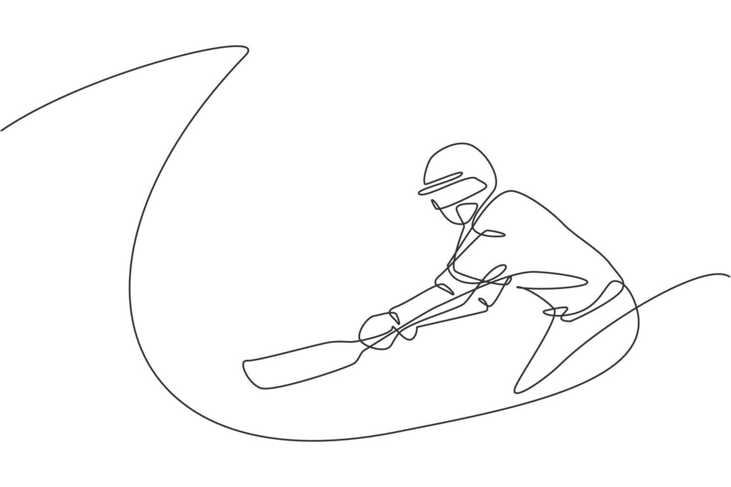 Single continuous line drawing of young agile man cricket player practice to swing the cricket bat vector illustration. Sport exercise concept. Trendy one line draw design for cricket promotion media