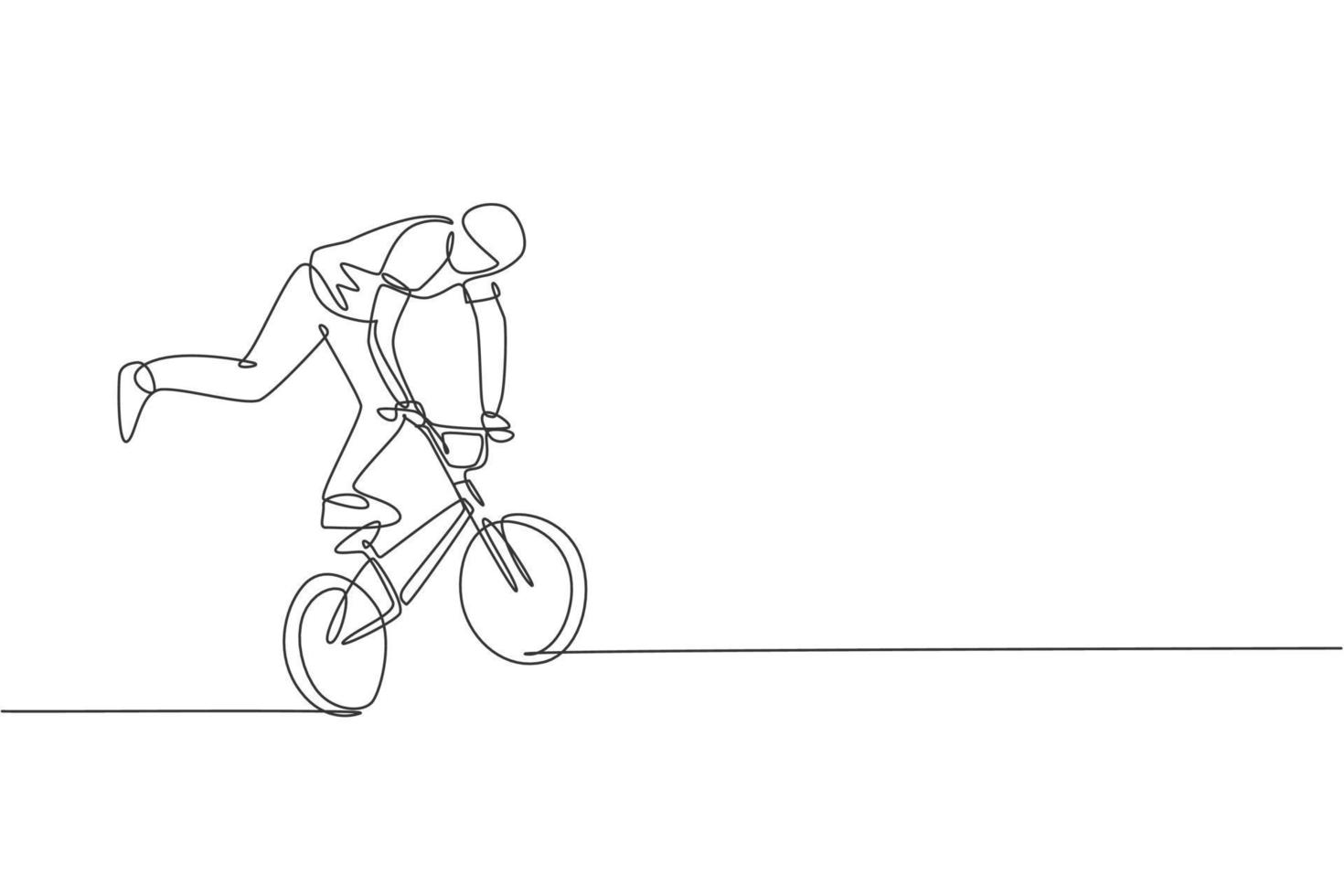 un dibujo de una sola línea de un joven ciclista bmx que realiza un truco de estilo libre en la ilustración del vector de la calle. concepto de deporte extremo. diseño moderno de dibujo de línea continua para banner de competencia de estilo libre