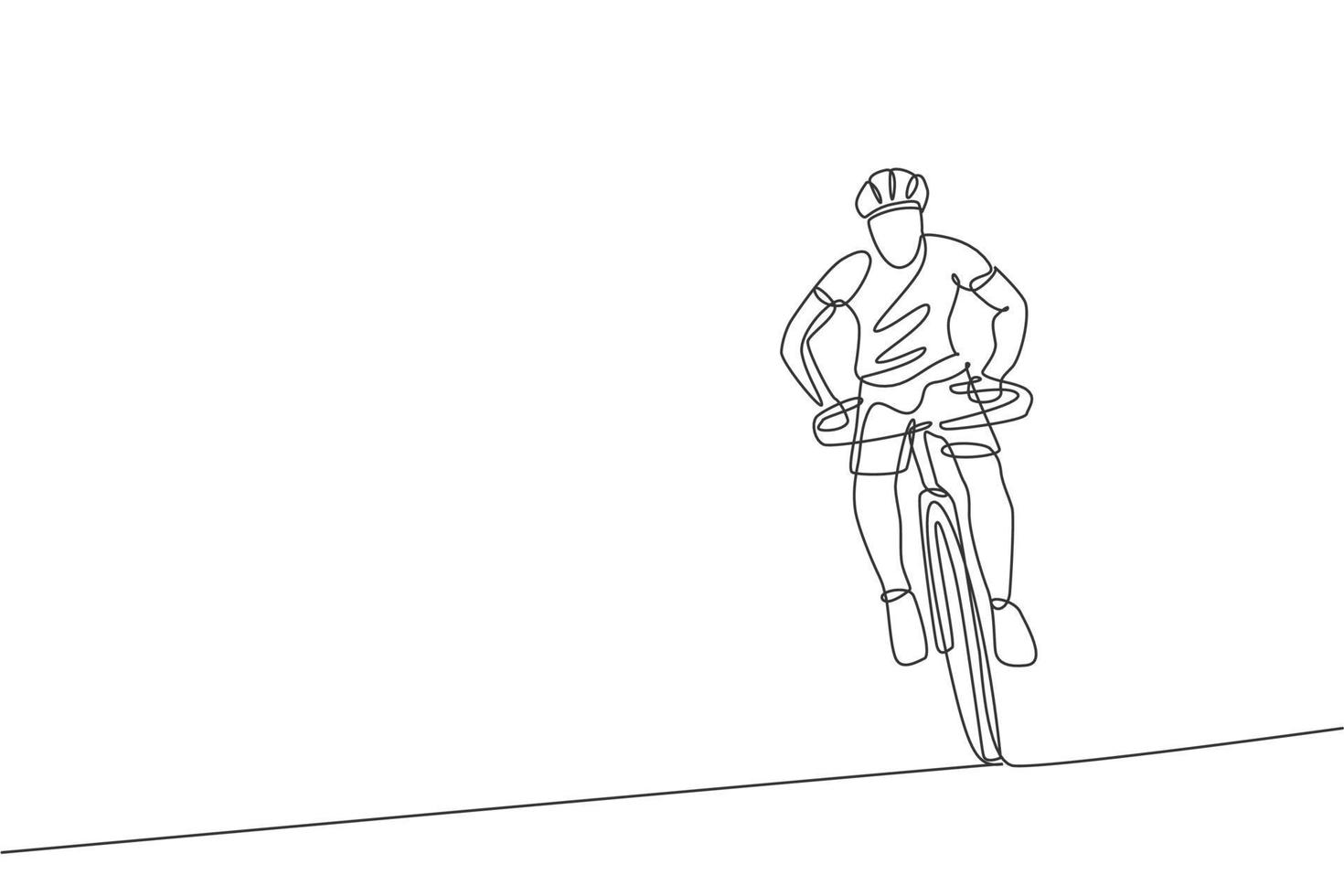 Single continuous line drawing young agile man cyclist focus training his endurance. Sport lifestyle concept. Trendy one line draw design vector illustration graphic for cycling race promotion media