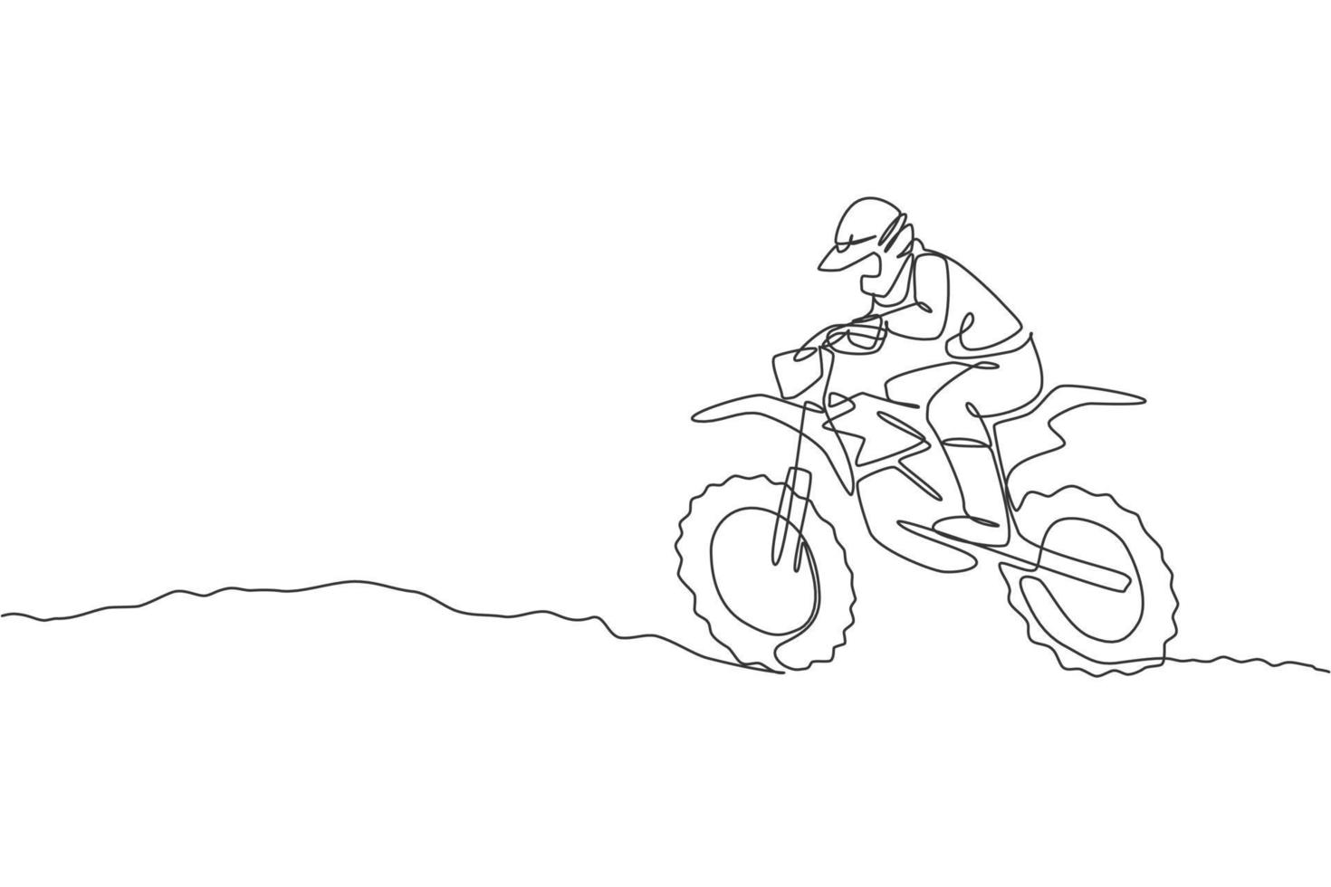 One single line drawing of young motocross rider conquer track obstacles at race track vector illustration. Extreme sport concept. Modern continuous line draw design for motocross race event banner