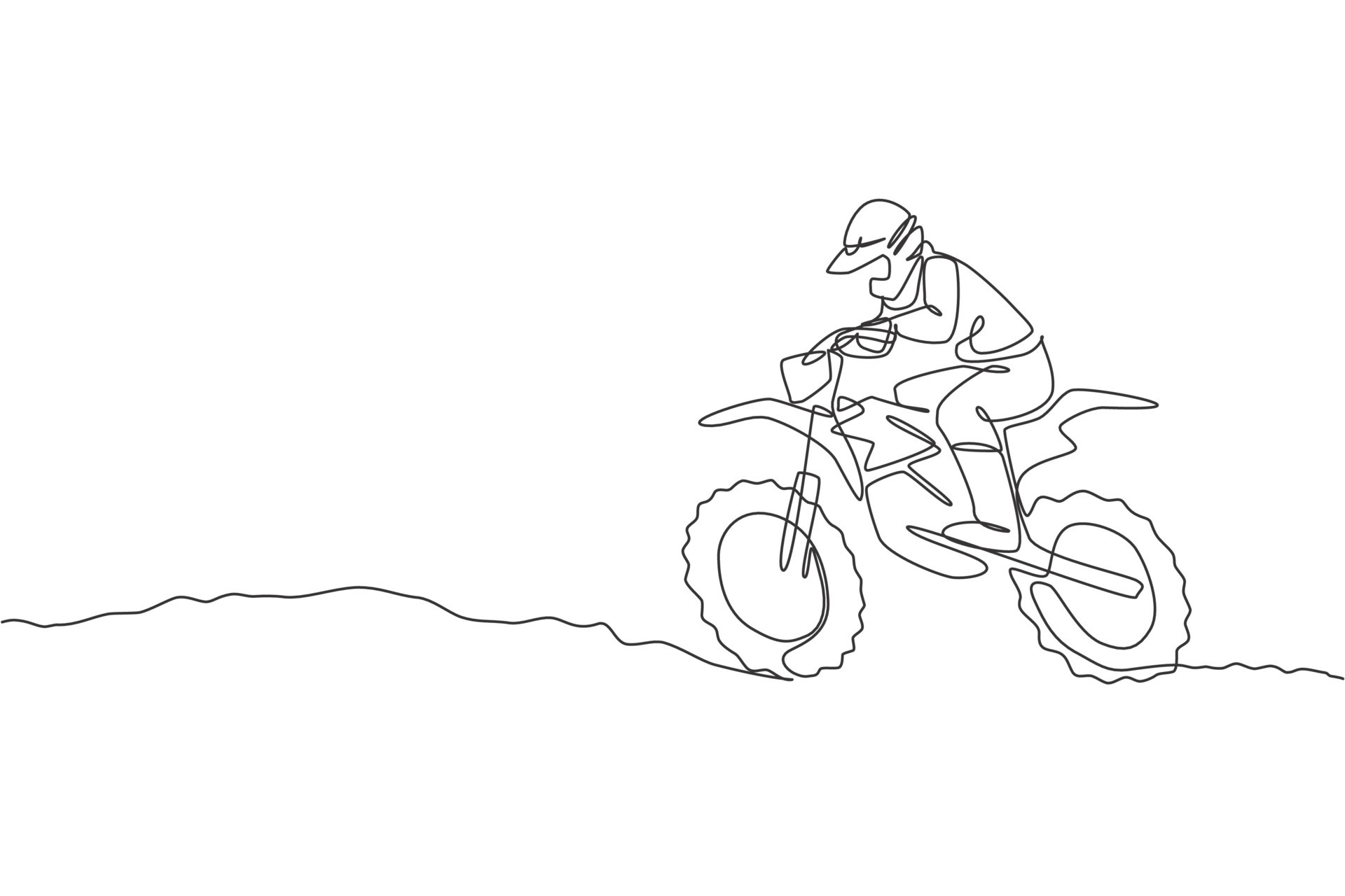 Vetor de One continuous line drawing of young motocross rider climb mound  of land at race track. Extreme sport concept. Dynamic single line draw  design vector illustration for motocross competition poster do