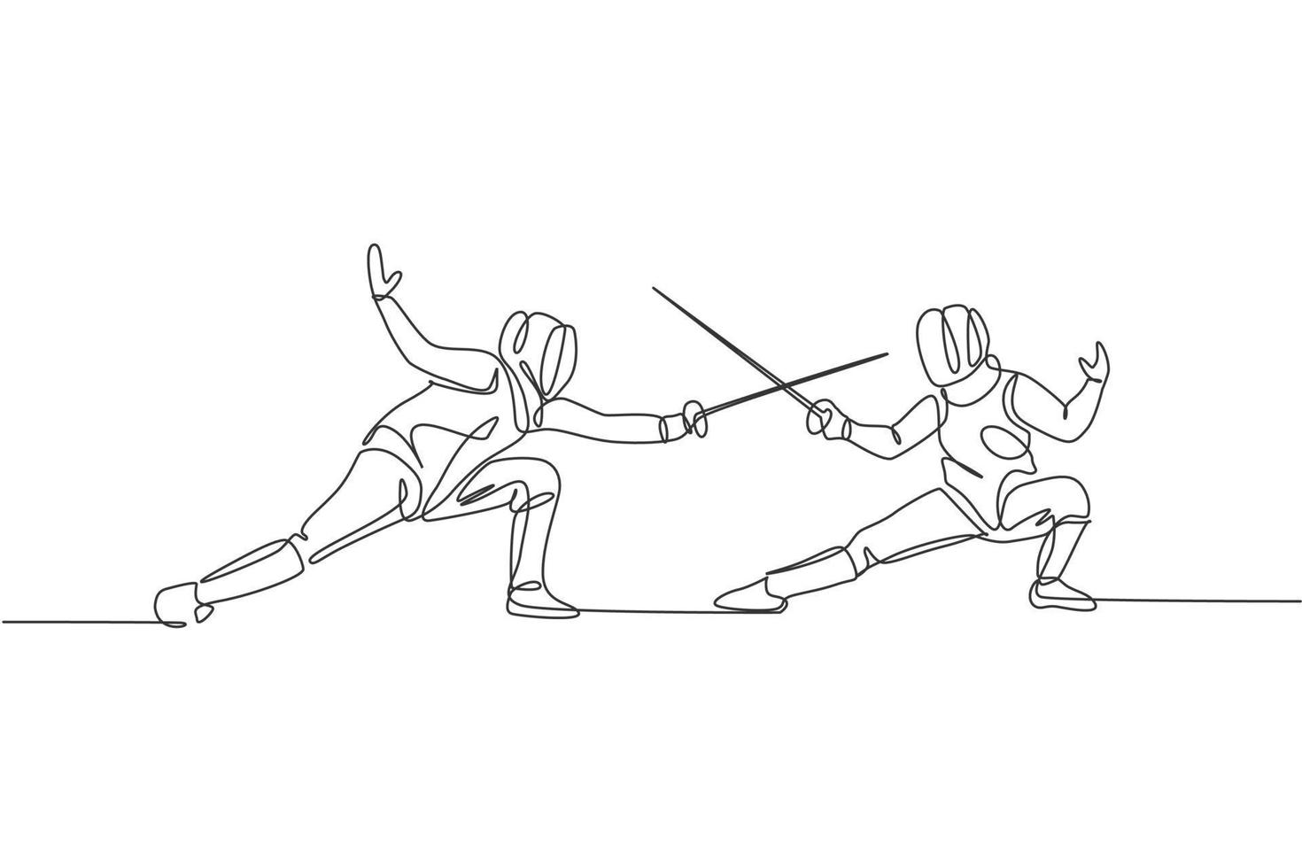 Single continuous line drawing of two young fencer athlete men in fencing mask and rapier duel at arena. Competitive fighting sport competition concept. Trendy one line draw design vector illustration