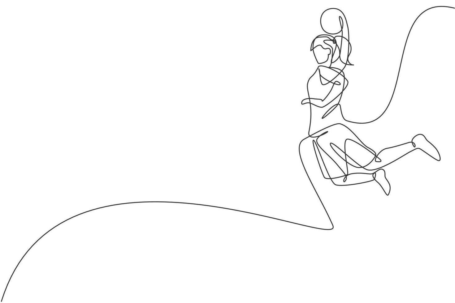 One single line drawing young energetic basketball female player slam dunk vector graphic illustration. Sports competition concept. Modern continuous line draw design for basketball tournament poster