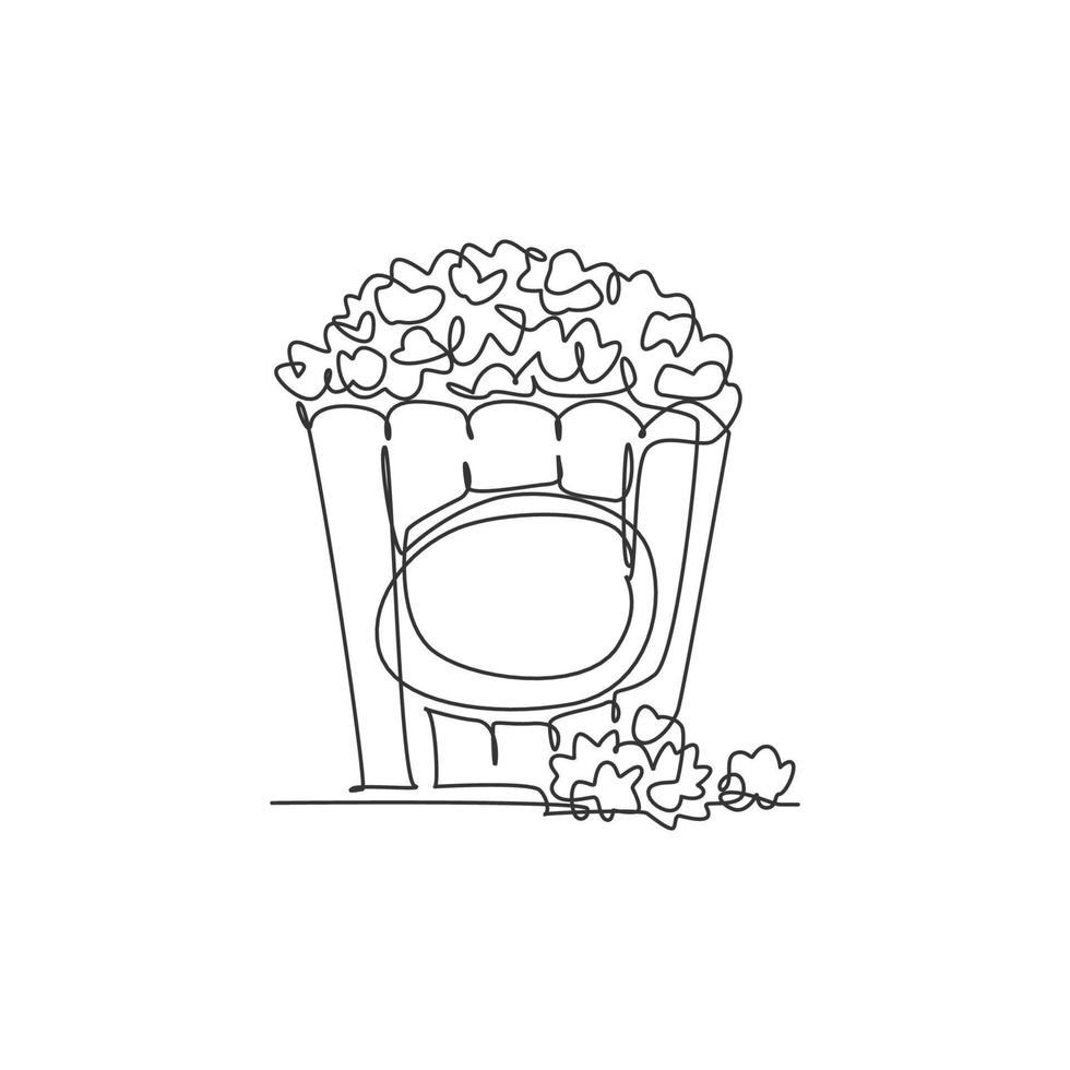 One continuous line drawing fresh delicious sweet pop corn on stripped paper box and scattered on table. Snack for watching movies concept. Modern single line draw design vector graphic illustration