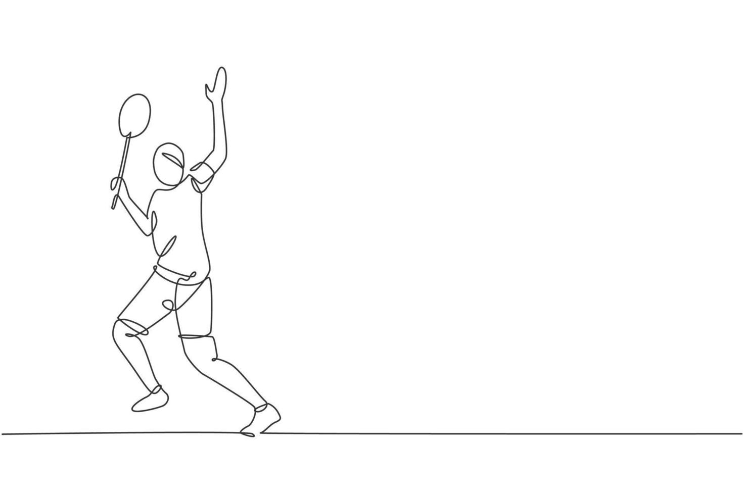 Single continuous line drawing of young agile badminton player hit shuttlecock. Competitive sport concept. Trendy one line draw design vector illustration for badminton tournament publication media