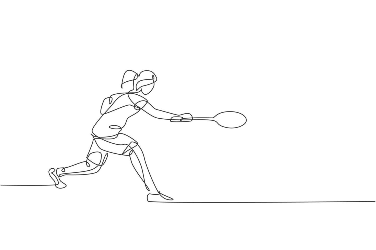 One single line drawing of young energetic badminton player take opponent's hit graphic vector illustration. Healthy sport concept. Modern continuous line draw design for badminton tournament poster