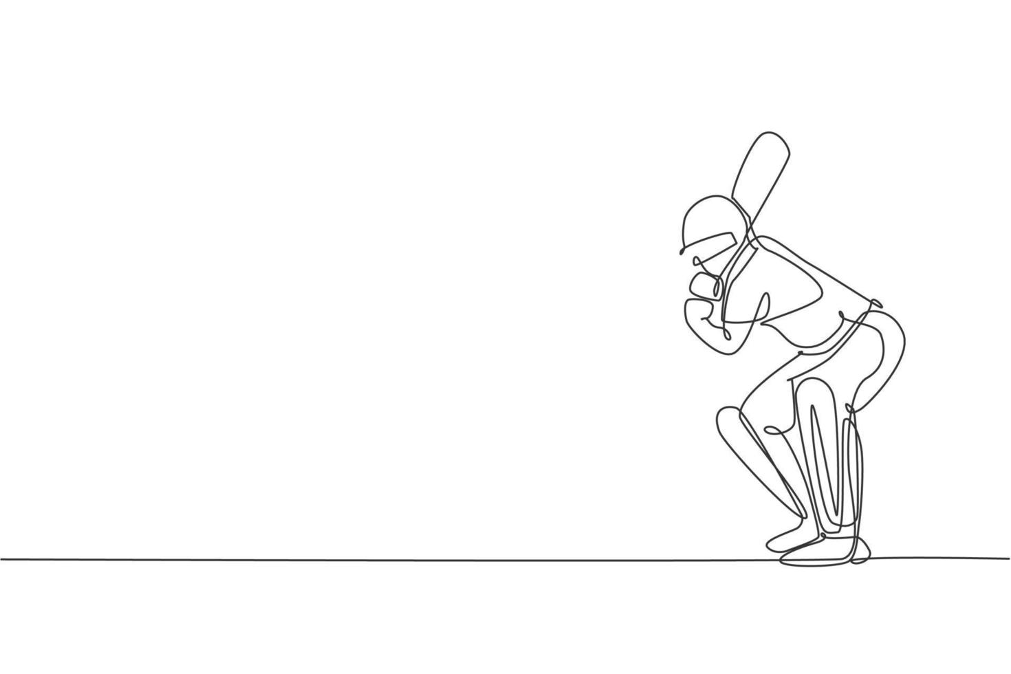 One continuous line drawing of young man cricket player stance standing to receive the ball from pitcher vector illustration. Sport concept. Dynamic single line draw design for advertisement poster