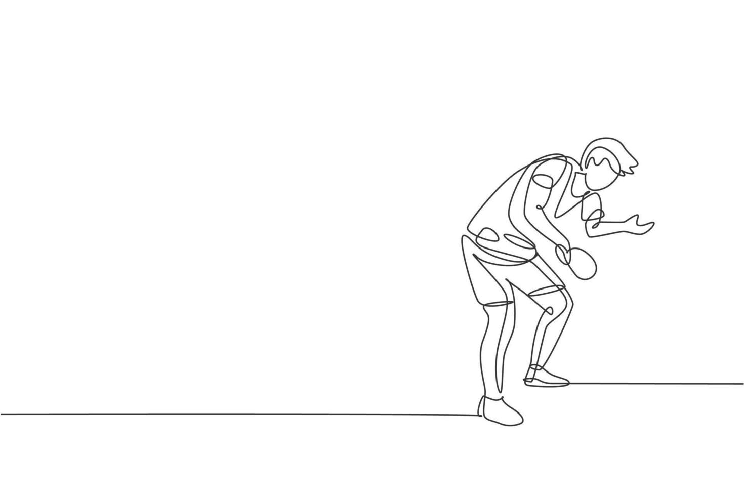 un dibujo de una sola línea de un joven enérgico jugador de tenis de mesa que entrena para servir a la pelota ilustración vectorial. concepto de entrenamiento deportivo. diseño moderno de dibujo de línea continua para el banner del torneo de ping pong vector