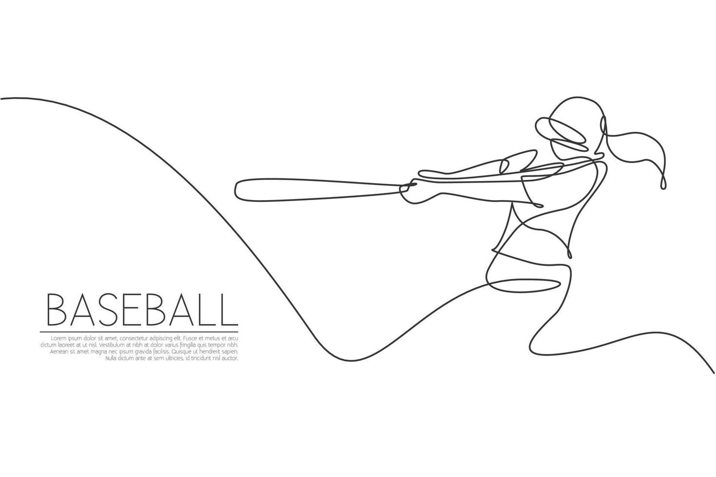 Single continuous line drawing of young agile woman baseball player hit the ball seriously. Sport exercise concept. Trendy one line draw design vector graphic illustration for baseball promotion media
