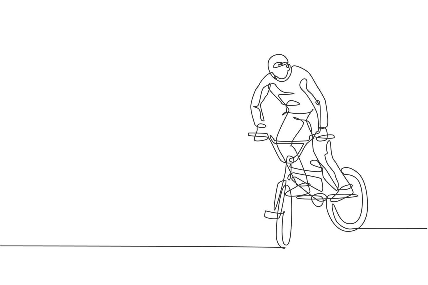 One continuous line drawing of young BMX bicycle rider performing dangerous trick at skatepark. Extreme sport concept vector illustration. Dynamic single line draw design for event promotion poster