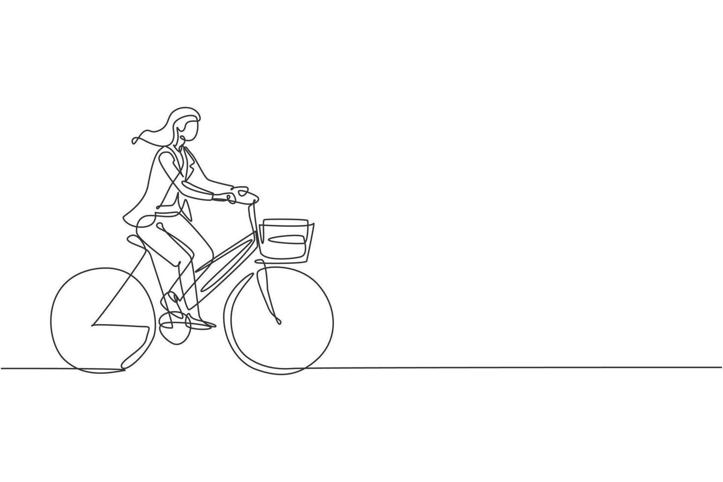One single line drawing young happy startup employee woman ride bicycle to the coworking space graphic vector illustration. Healthy urban commuter lifestyle concept. Modern continuous line draw design