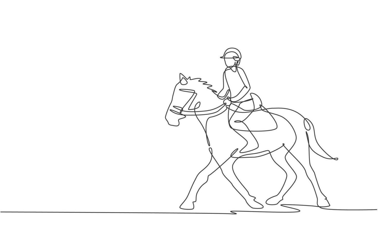 One continuous line drawing of young horse rider man in action. Equine training at racing track. Equestrian sport competition concept. Dynamic single line draw design vector illustration graphic