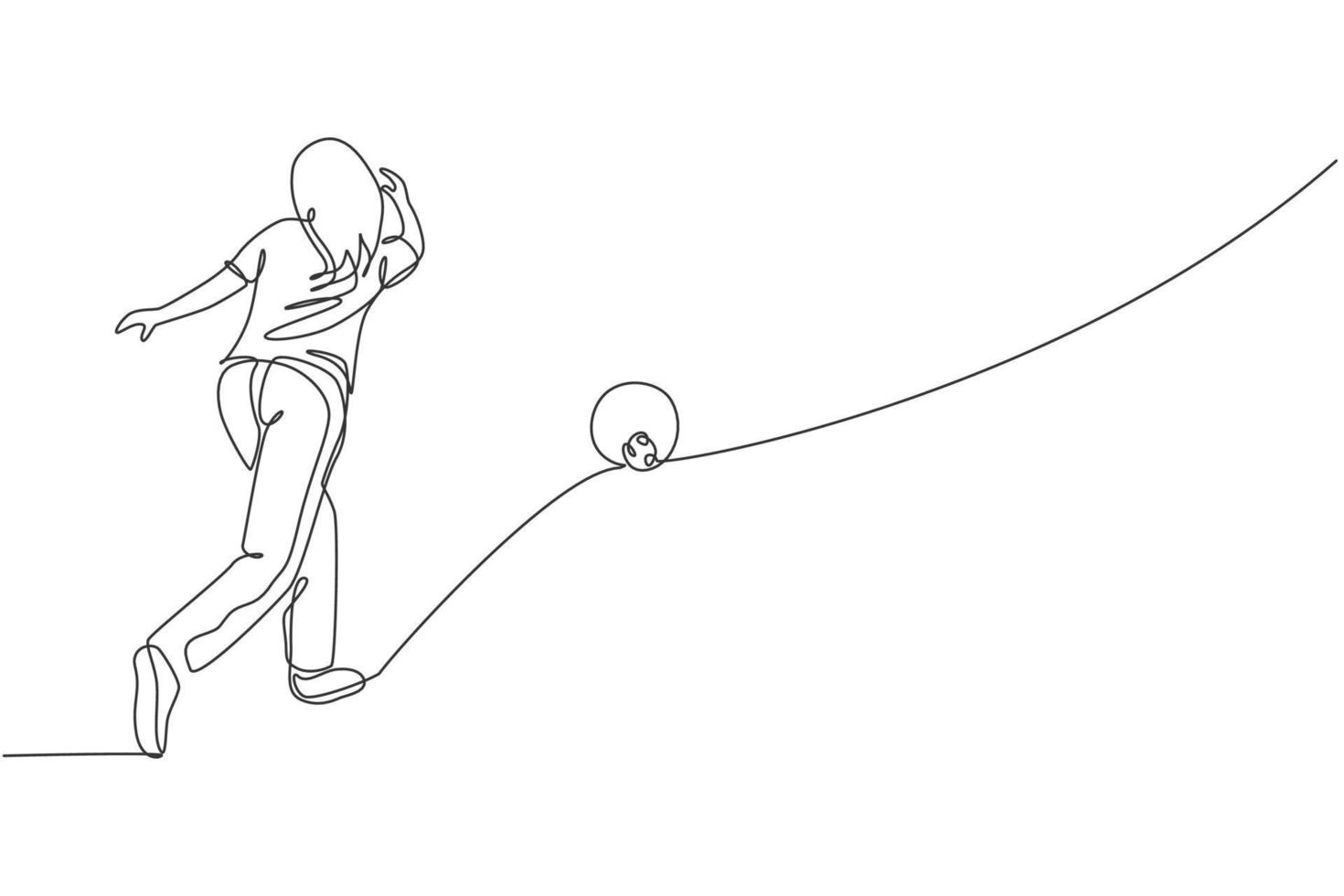 One single line drawing young talented bowling player woman throw ball to hit bowling pins graphic vector illustration. Healthy people lifestyle and sport concept. Modern continuous line draw design