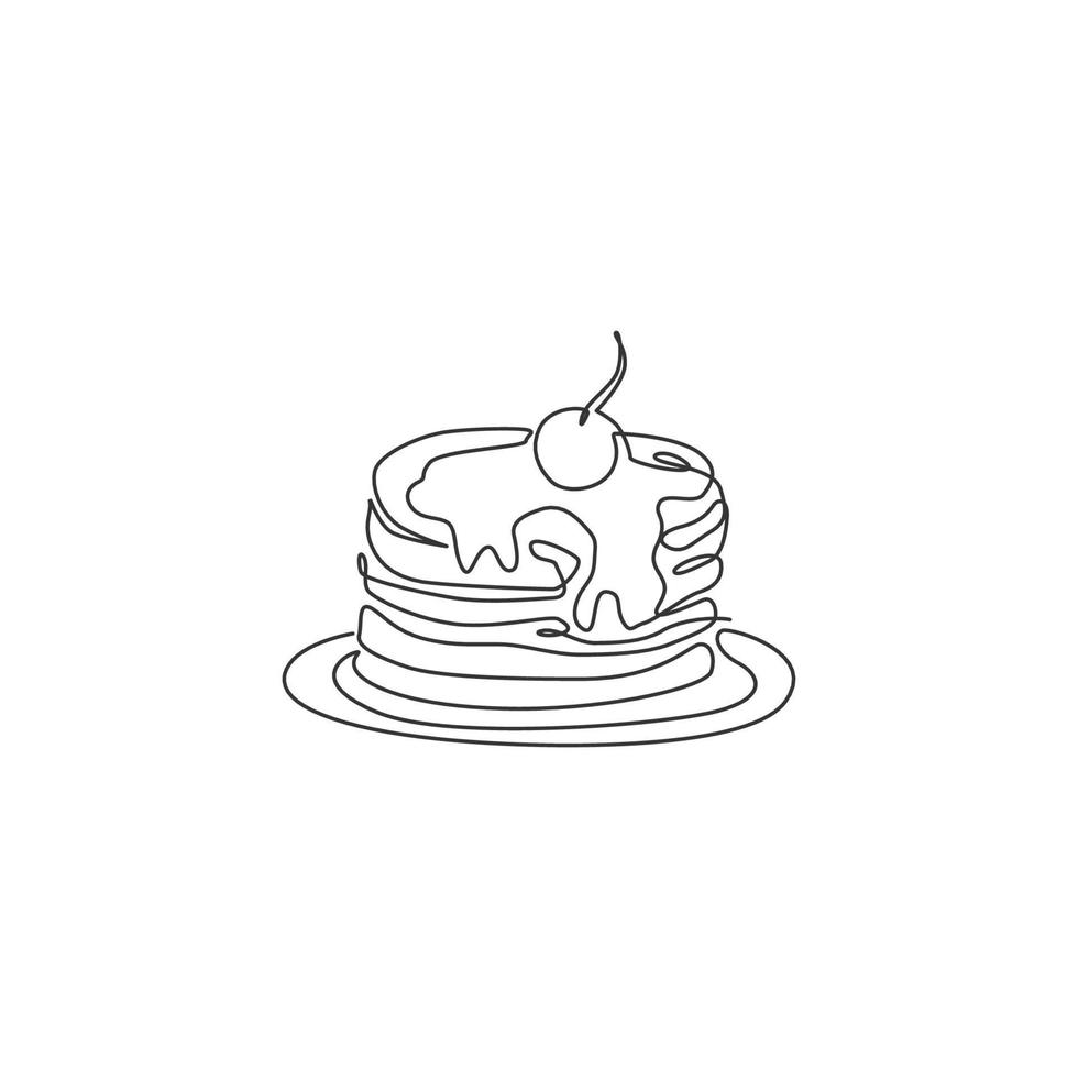 One continuous line drawing of fresh delicious American pancake with cherry restaurant logo emblem. Breakfast cafe shop logotype template concept. Modern single line draw design vector illustration