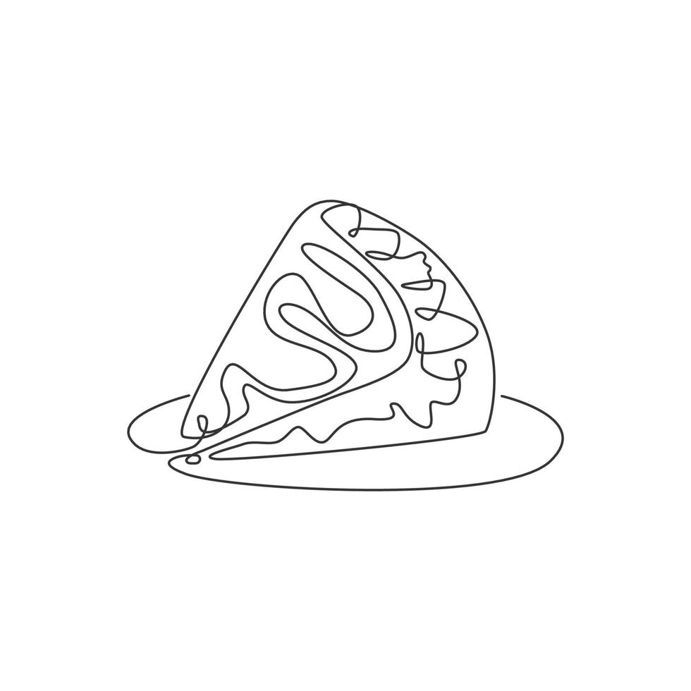 un dibujo de línea continua del delicioso emblema del logotipo del restaurante de crepes crujientes. concepto de plantilla de logotipo de tienda de bocadillos dulces. Ilustración de vector gráfico de diseño de dibujo de una sola línea moderna